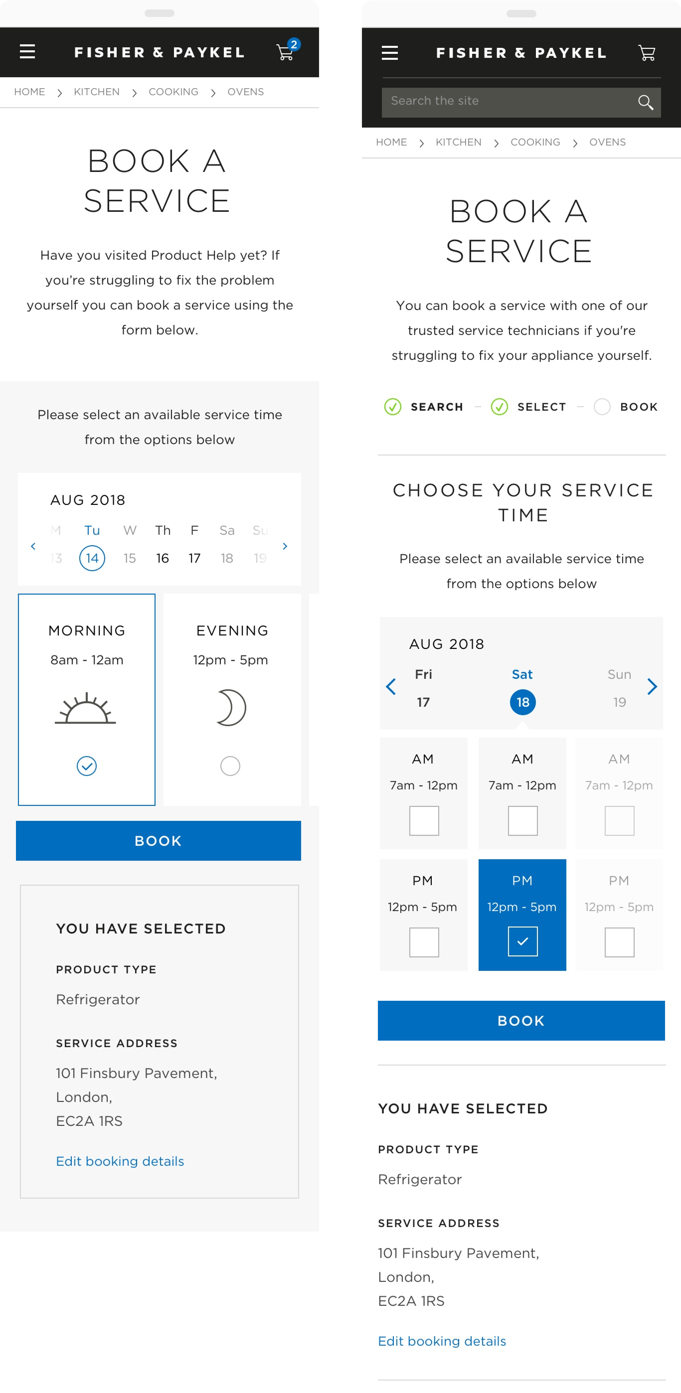 Fisher Paykel service booking design