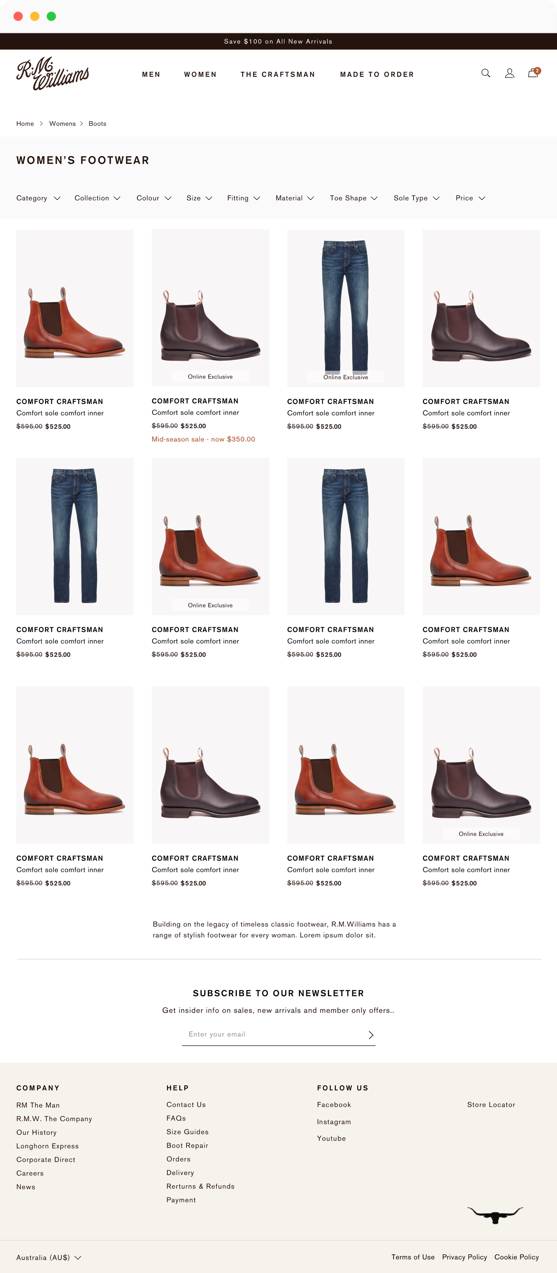 RM Williams list page design