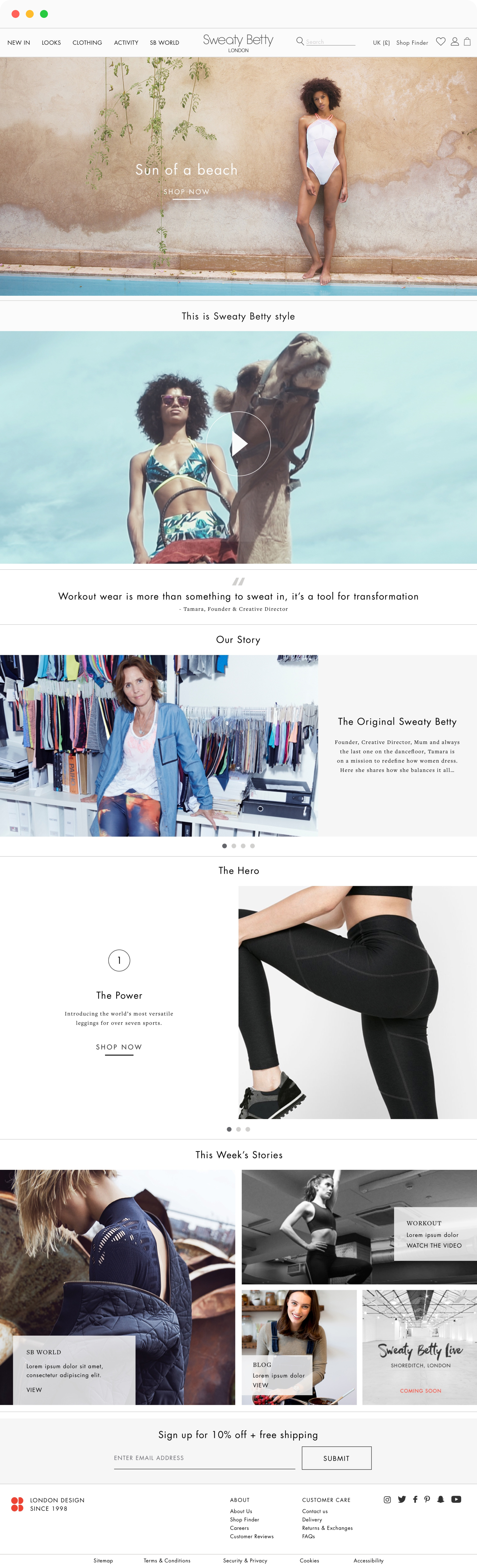 Sweaty Betty desktop homepage design